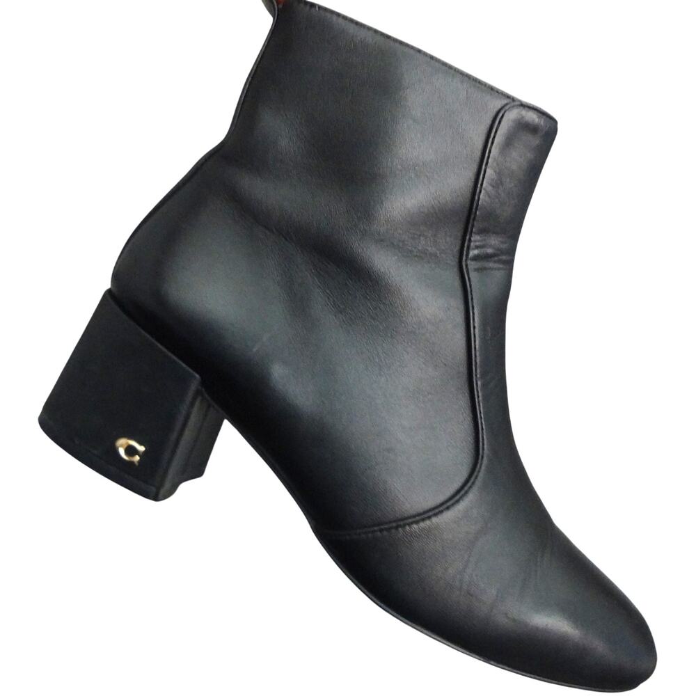 Coach Noah Black Leather Ankle Boots Booties Women Square Toe Gold C Block 7.5